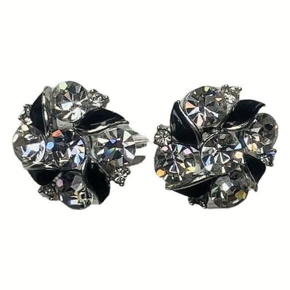 Lisner Crystal Flower Stud Earrings Signed Screw Backs Silver Shimmering - Picture 2 of 12